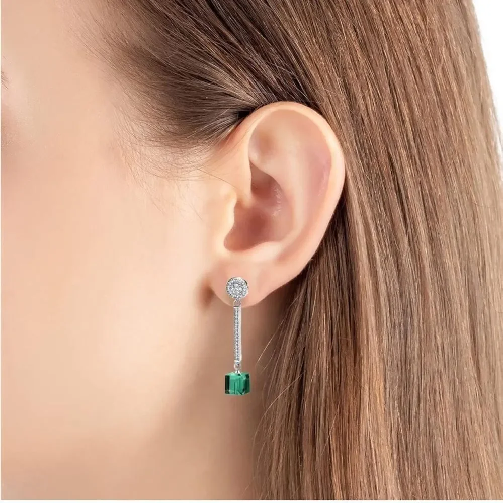 .925 Sterling Silver with Emerald Austrian Green Crystal Dangling Cube Earrings